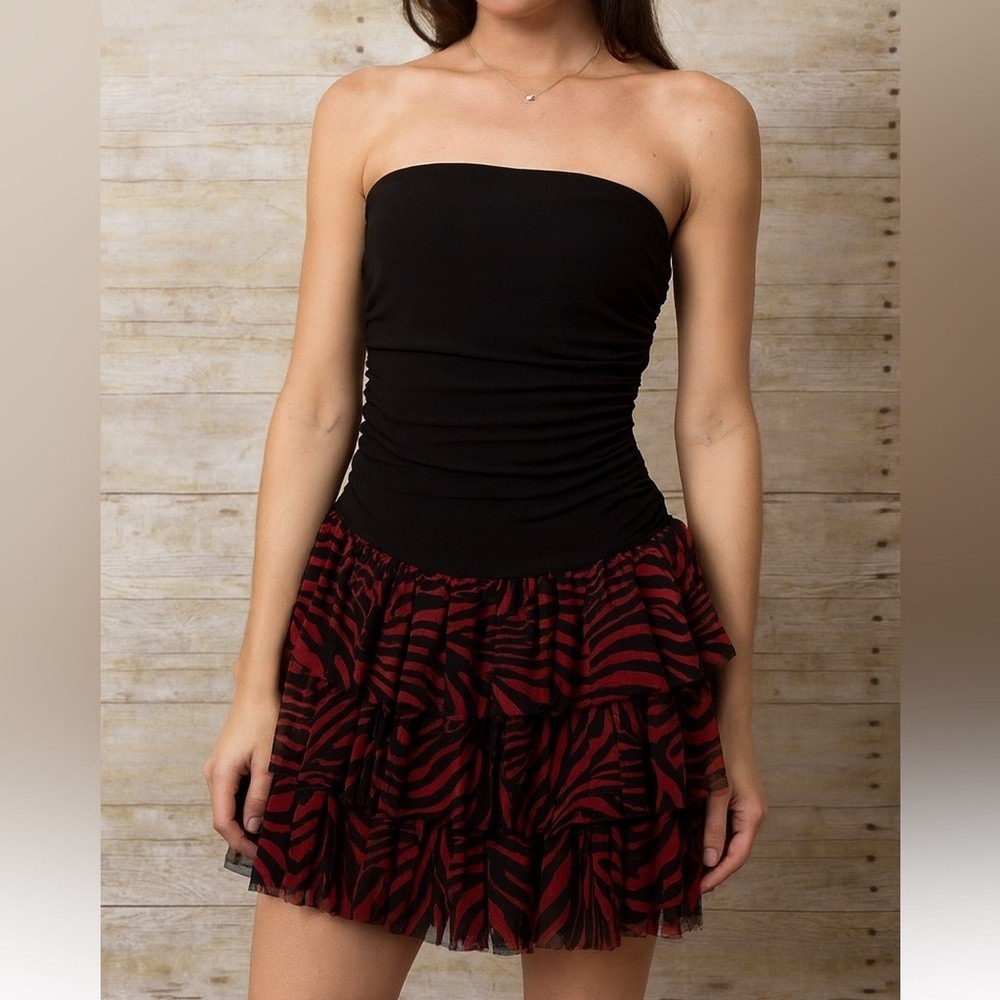 Royal Bones Black Red Zebra Print Strapless Tiered Mini Dress D-8341 Large